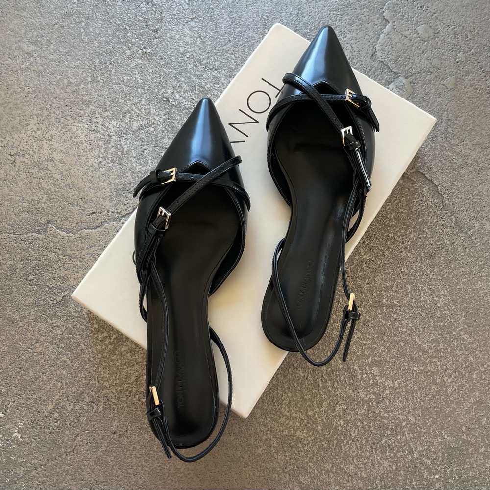 Tony Bianco Black Pointed Slingback Jamo Mule Flats w/ Buckle Straps - Picture 2 of 9